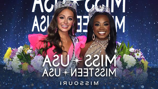 two women wearing crowns smile at the camera with the words Miss USA and Miss Teen USA Missouri